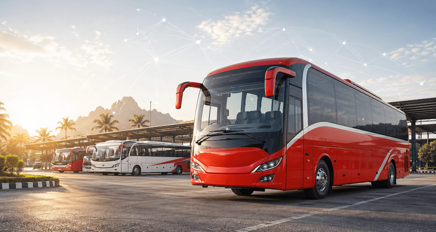 Red buses in a modern operator network depot